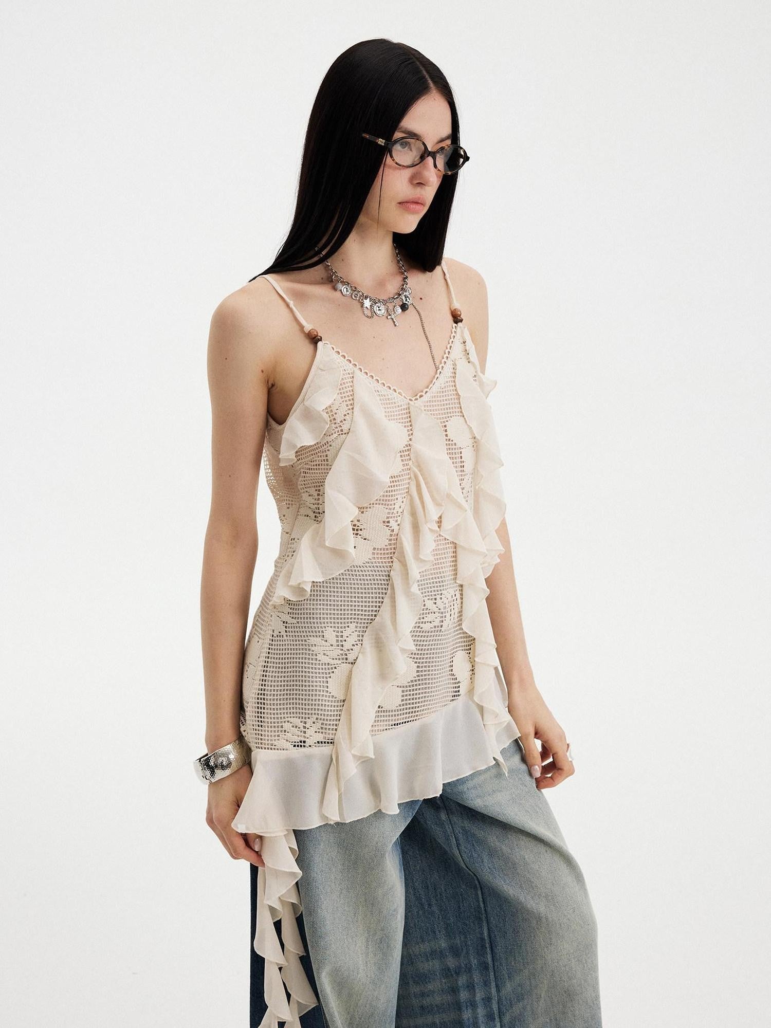 DIDDI MODA Beige Lace Splice Asymmetric Ribbon V-neck Women&