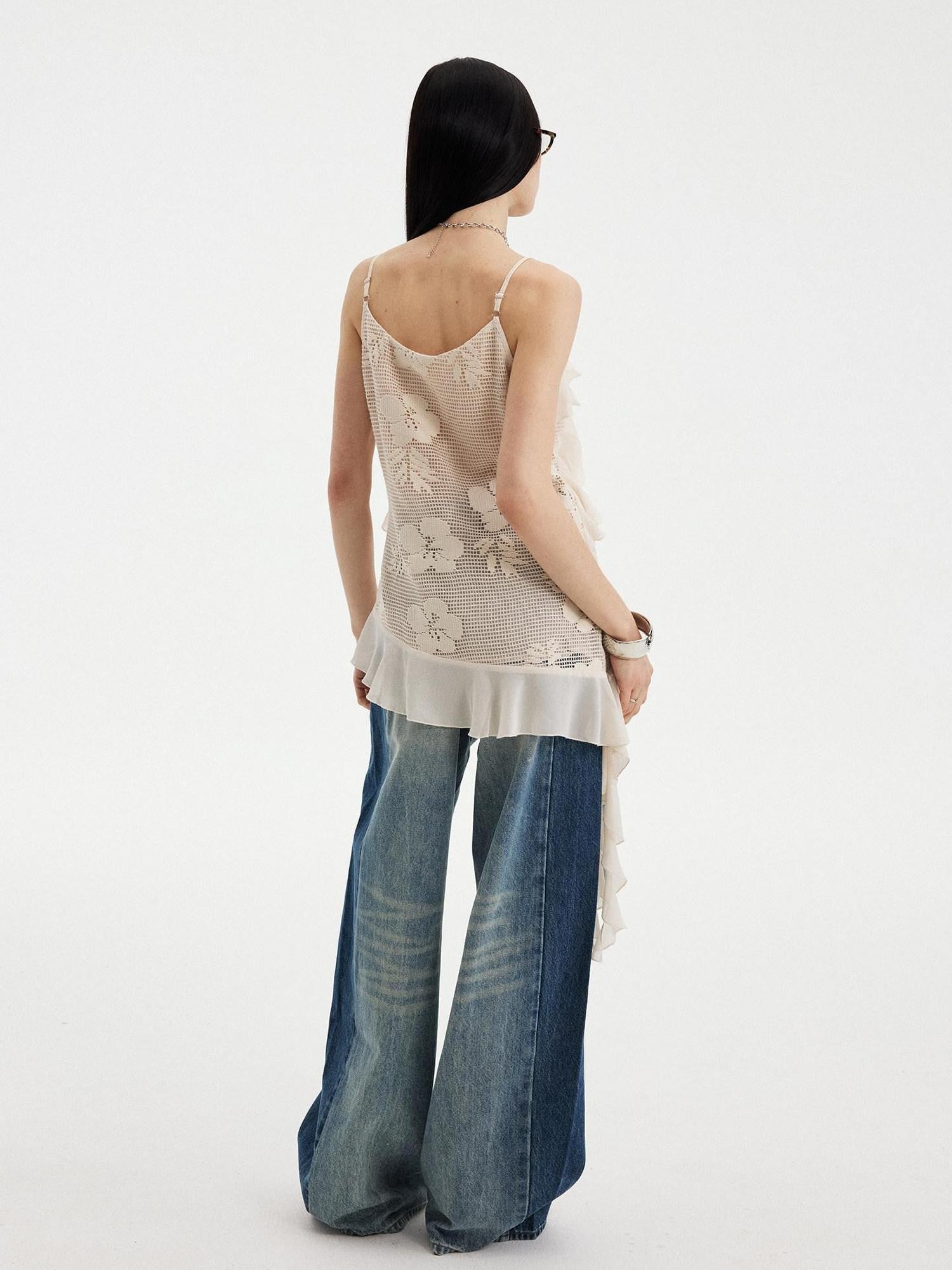DIDDI MODA Beige Lace Splice Asymmetric Ribbon V-neck Women&