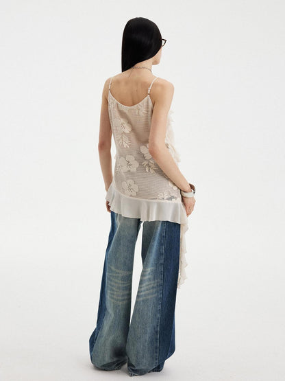 DIDDI MODA Beige Lace Splice Asymmetric Ribbon V-neck Women&