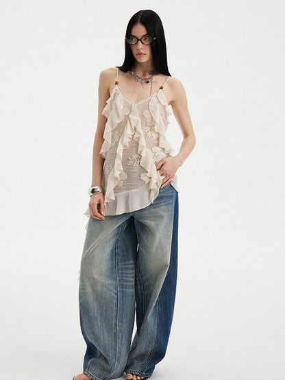 DIDDI MODA Beige Lace Splice Asymmetric Ribbon V-neck Women&