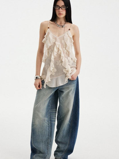 DIDDI MODA Beige Lace Splice Asymmetric Ribbon V-neck Women&