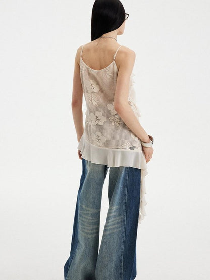 DIDDI MODA Beige Lace Splice Asymmetric Ribbon V-neck Women&
