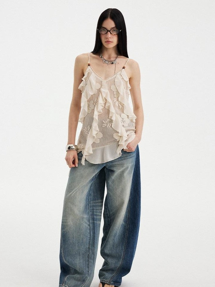 DIDDI MODA Beige Lace Splice Asymmetric Ribbon V-neck Women&
