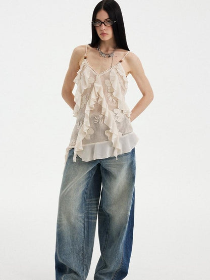 DIDDI MODA Beige Lace Splice Asymmetric Ribbon V-neck Women&