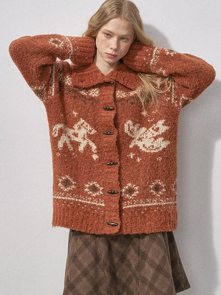 DIDDI MODA Bird And Pony Motif Loop Yarn Toggle Button Women&