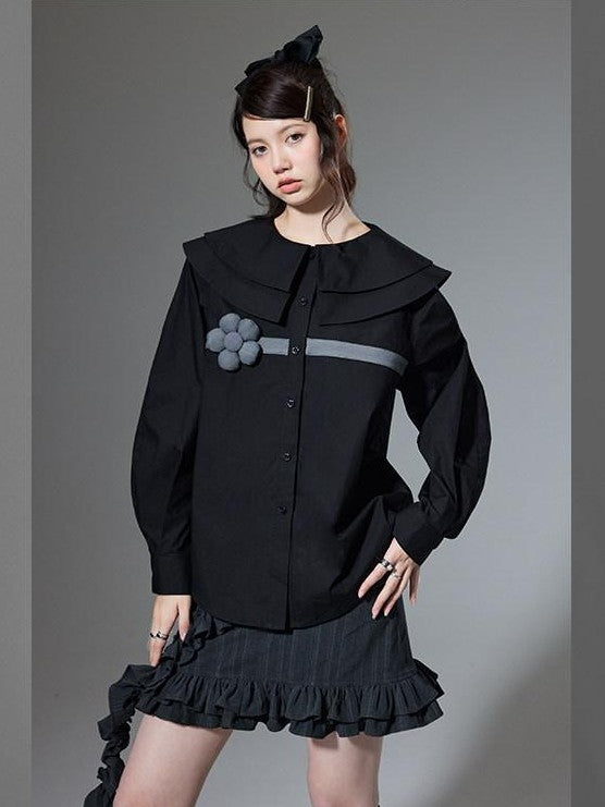 DIDDI MODA Black 3d Floral Double Layer Collar Long Sleeve Women&