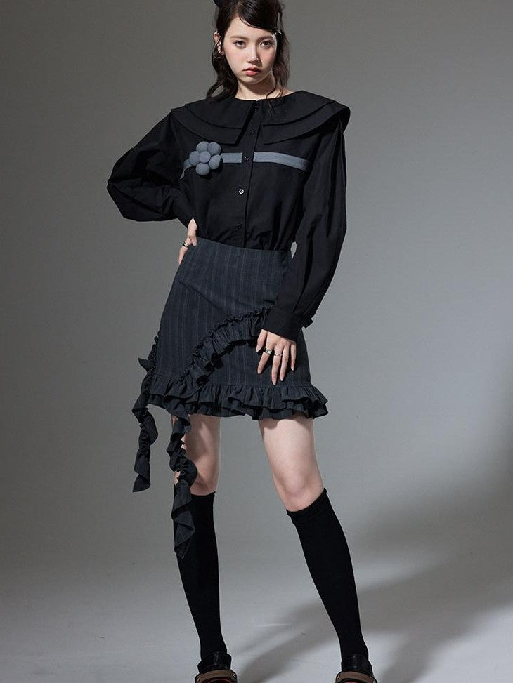 DIDDI MODA Black 3d Floral Double Layer Collar Long Sleeve Women&