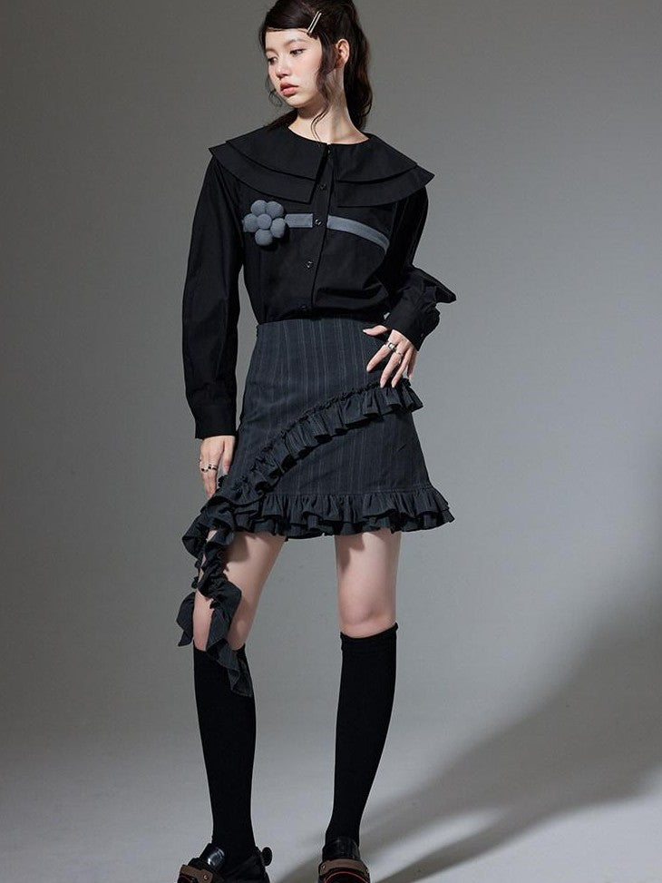 DIDDI MODA Black 3d Floral Double Layer Collar Long Sleeve Women&