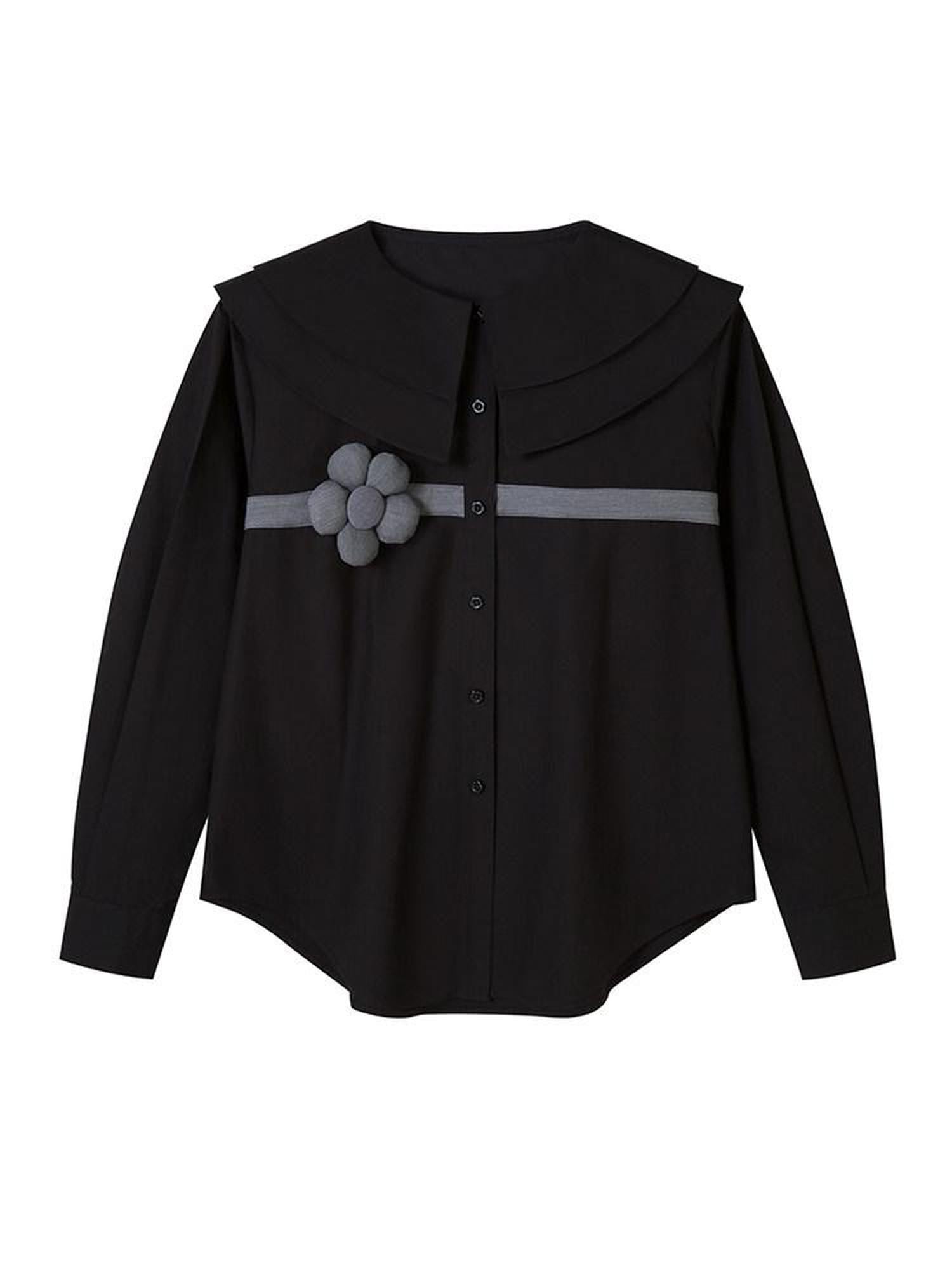 DIDDI MODA Black 3d Floral Double Layer Collar Long Sleeve Women&