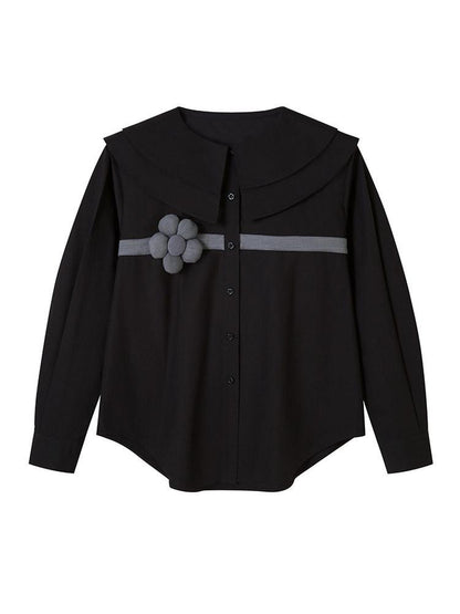 DIDDI MODA Black 3d Floral Double Layer Collar Long Sleeve Women&