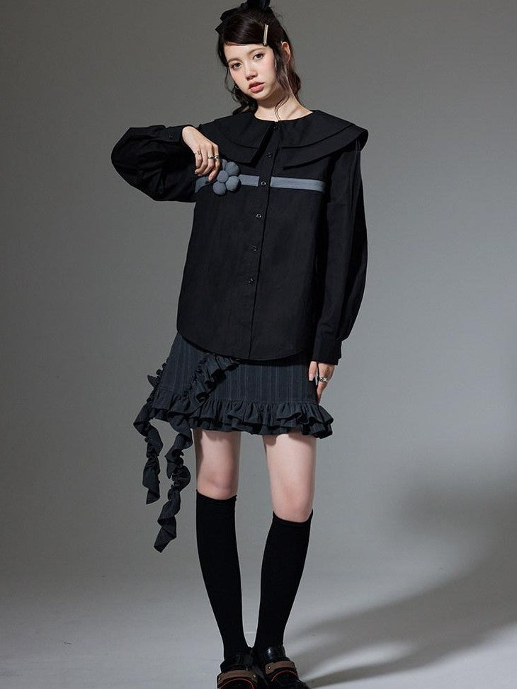 DIDDI MODA Black 3d Floral Double Layer Collar Long Sleeve Women&