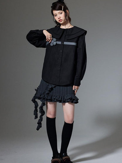 DIDDI MODA Black 3d Floral Double Layer Collar Long Sleeve Women&