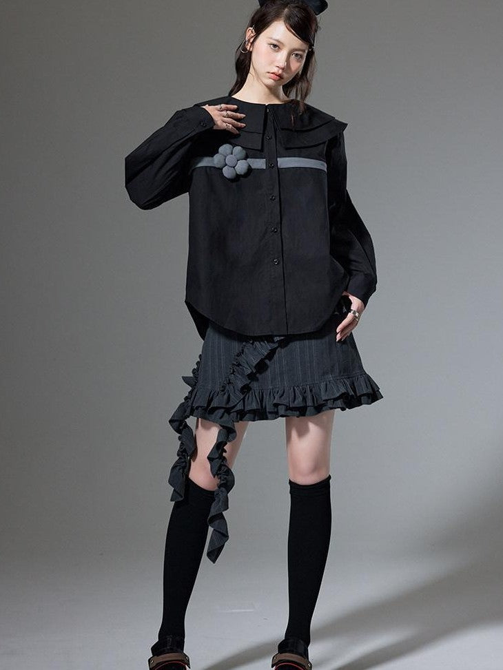 DIDDI MODA Black 3d Floral Double Layer Collar Long Sleeve Women&