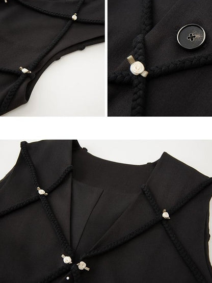 DIDDI MODA Black Braided Floral Notched Collar Single Breasted Slim Women&