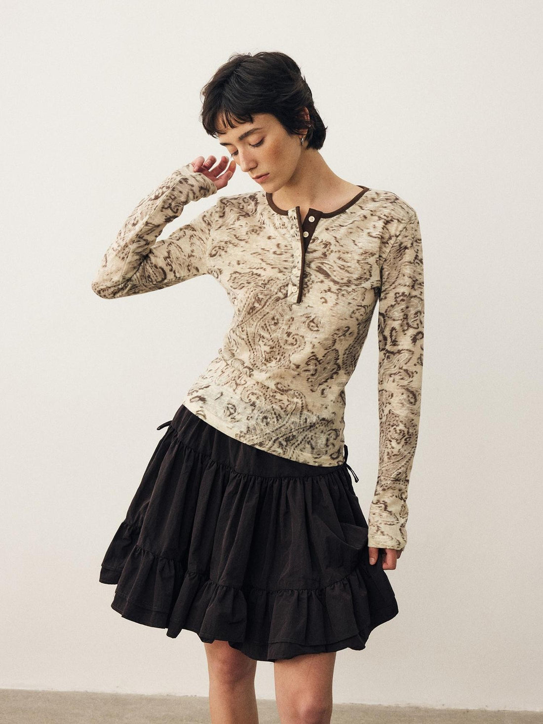 DIDDI MODA Black Brown Drapey Multilayer A Line Flared Women&