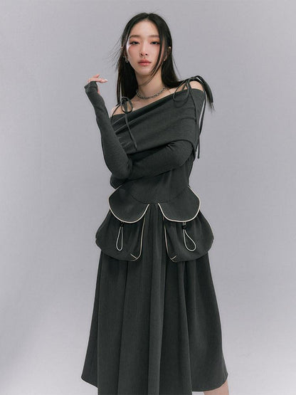 DIDDI MODA Black One Shoulder Tie Knit Fitted Women&