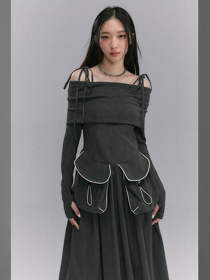 DIDDI MODA Black One Shoulder Tie Knit Fitted Women&