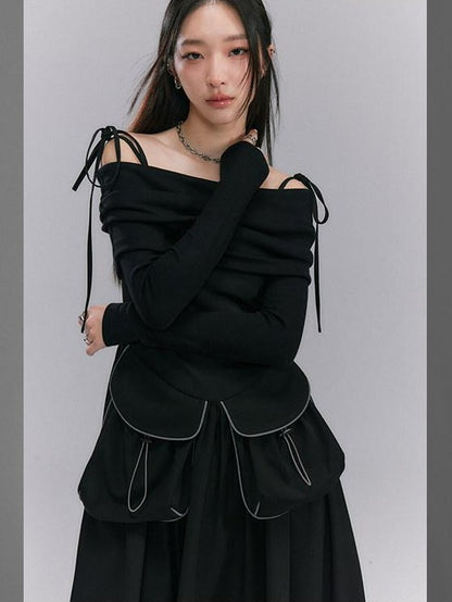 DIDDI MODA Black One Shoulder Tie Knit Fitted Women&