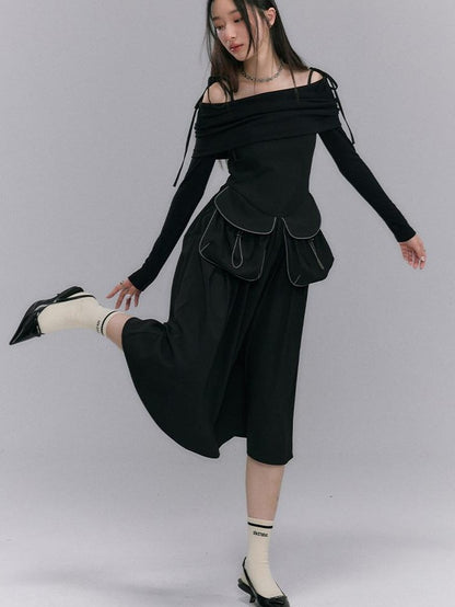 DIDDI MODA Black One Shoulder Tie Knit Fitted Women&