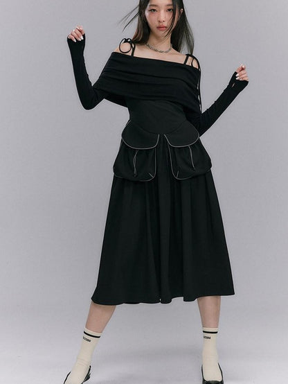 DIDDI MODA Black One Shoulder Tie Knit Fitted Women&