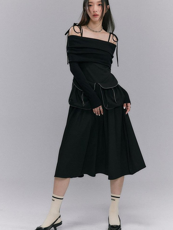 DIDDI MODA Black One Shoulder Tie Knit Fitted Women&