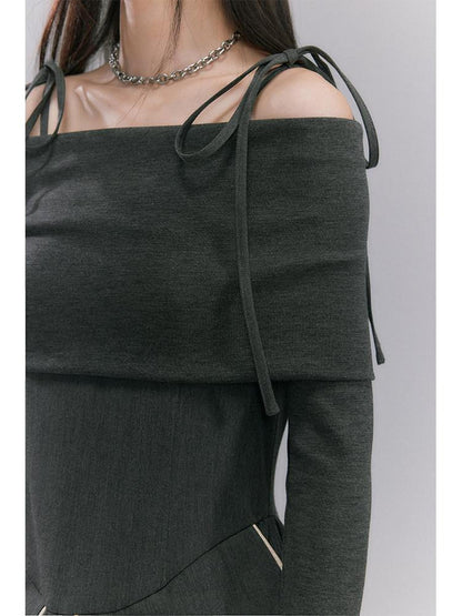 DIDDI MODA Black One Shoulder Tie Knit Fitted Women&