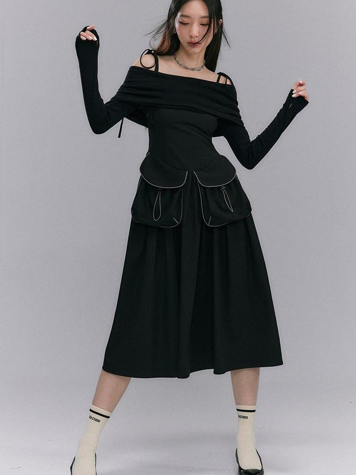 DIDDI MODA Black One Shoulder Tie Knit Fitted Women&