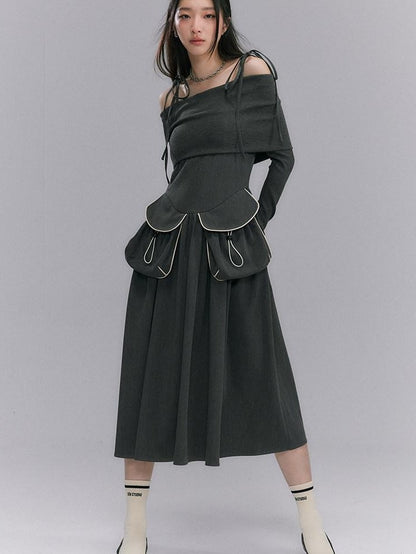 DIDDI MODA Black One Shoulder Tie Knit Fitted Women&