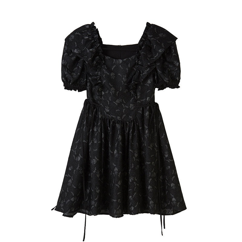 DIDDI_MODA_Black_Puff_Sleeve_Jacquard_Square_Neck_A_Line_Women&