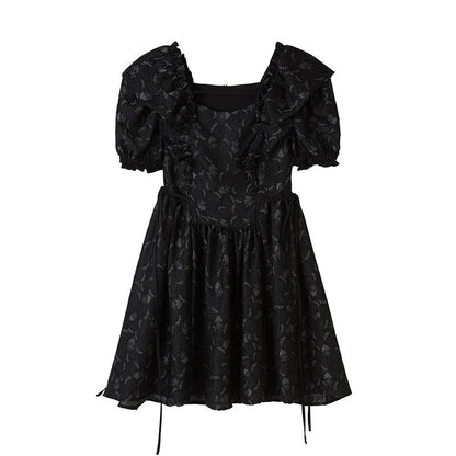 DIDDI_MODA_Black_Puff_Sleeve_Jacquard_Square_Neck_A_Line_Women&