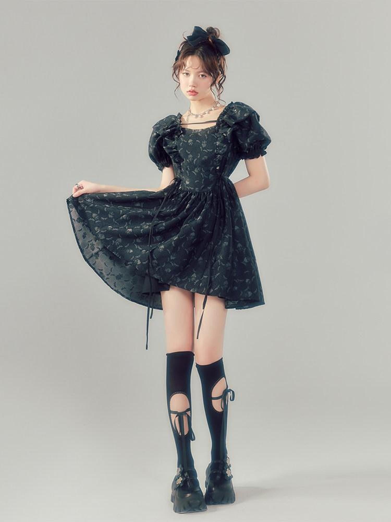 DIDDI MODA Black Puff Sleeve Jacquard Square Neck A Line Women&
