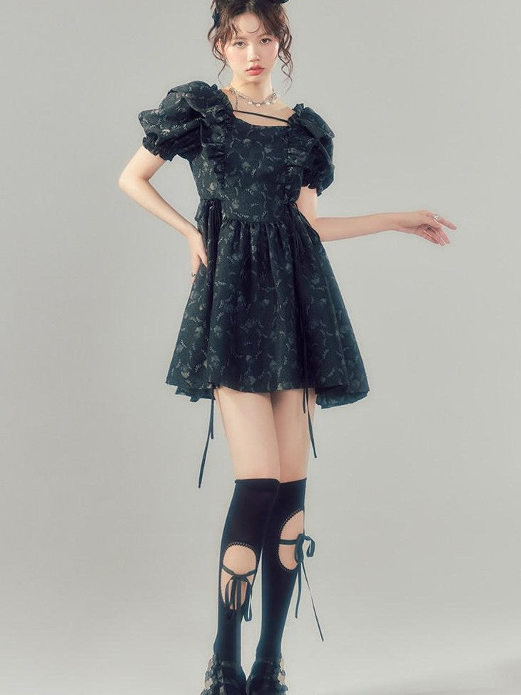DIDDI MODA Black Puff Sleeve Jacquard Square Neck A Line Women&