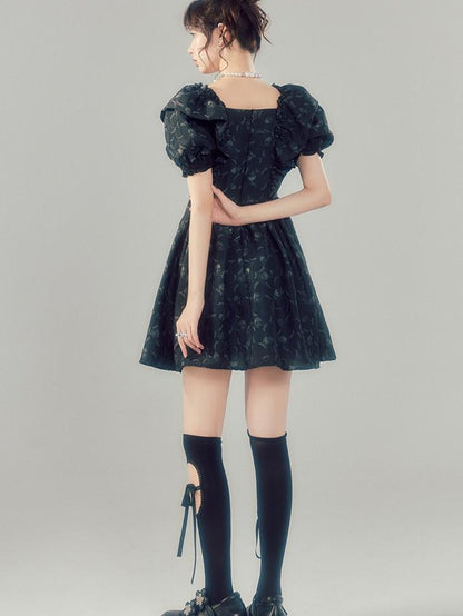 DIDDI MODA Black Puff Sleeve Jacquard Square Neck A Line Women&