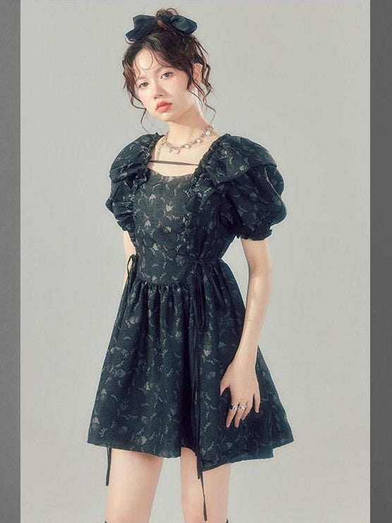 DIDDI MODA Black Puff Sleeve Jacquard Square Neck A Line Women&