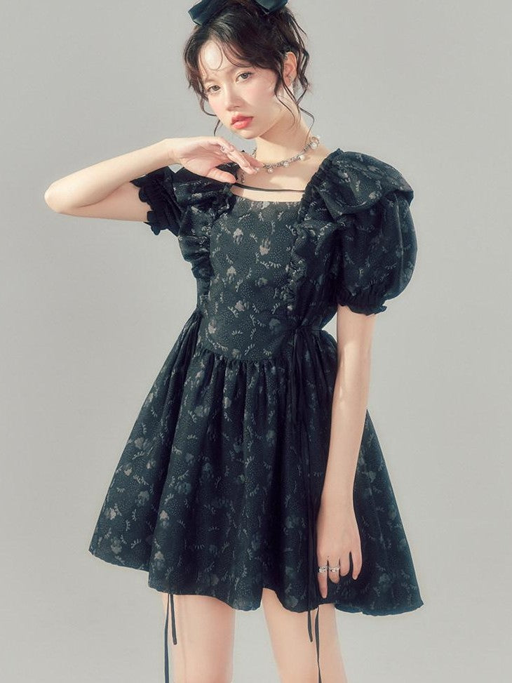 DIDDI MODA Black Puff Sleeve Jacquard Square Neck A Line Women&