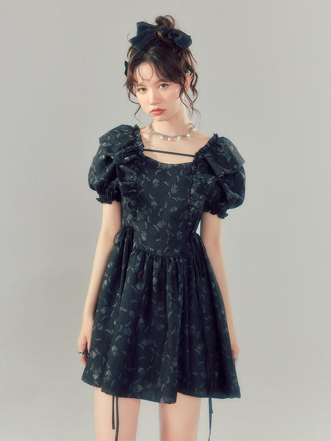 DIDDI MODA Black Puff Sleeve Jacquard Square Neck A Line Women&