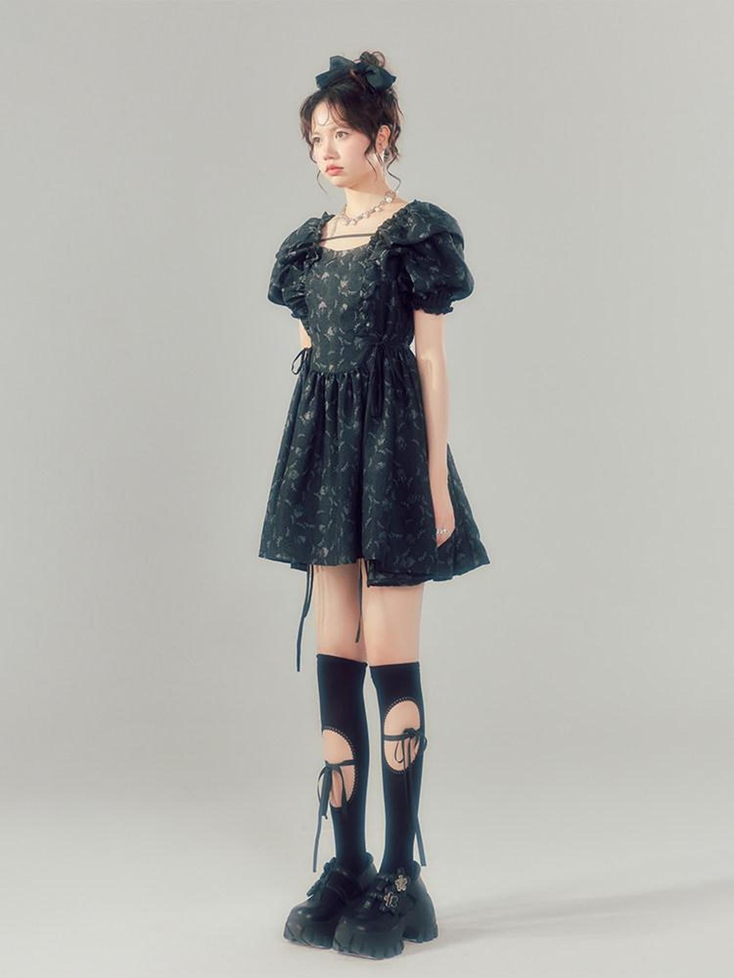 DIDDI MODA Black Puff Sleeve Jacquard Square Neck A Line Women&