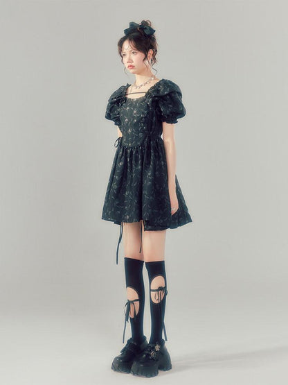 DIDDI MODA Black Puff Sleeve Jacquard Square Neck A Line Women&