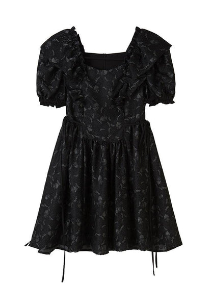 DIDDI MODA Black Puff Sleeve Jacquard Square Neck A Line Women&