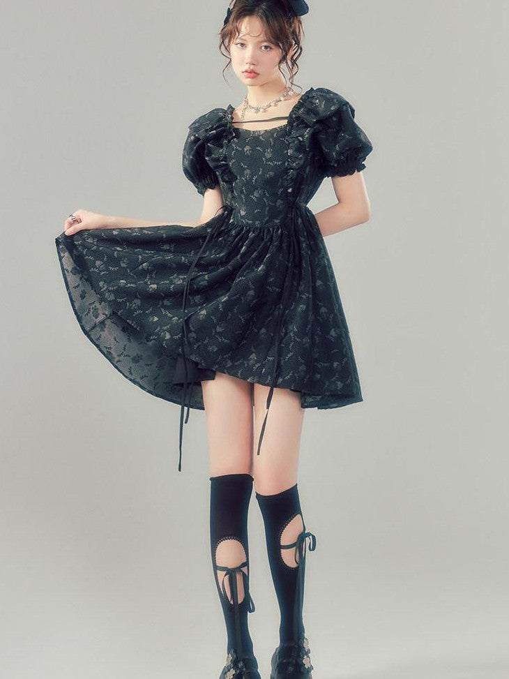 DIDDI MODA Black Puff Sleeve Jacquard Square Neck A Line Women&