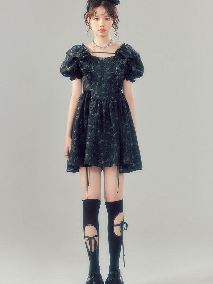 DIDDI MODA Black Puff Sleeve Jacquard Square Neck A Line Women&