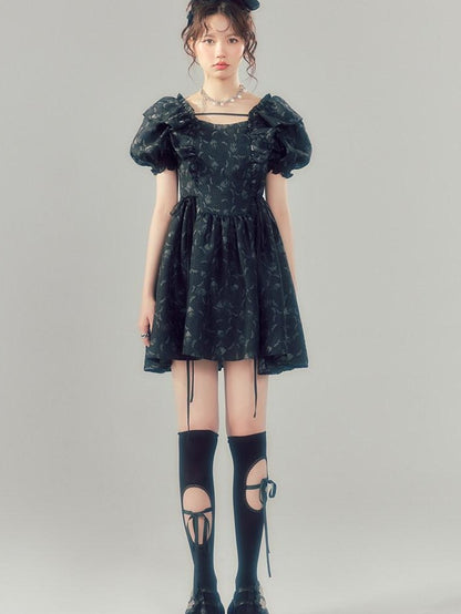 DIDDI MODA Black Puff Sleeve Jacquard Square Neck A Line Women&