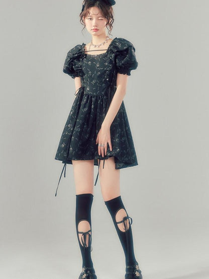 DIDDI MODA Black Puff Sleeve Jacquard Square Neck A Line Women&