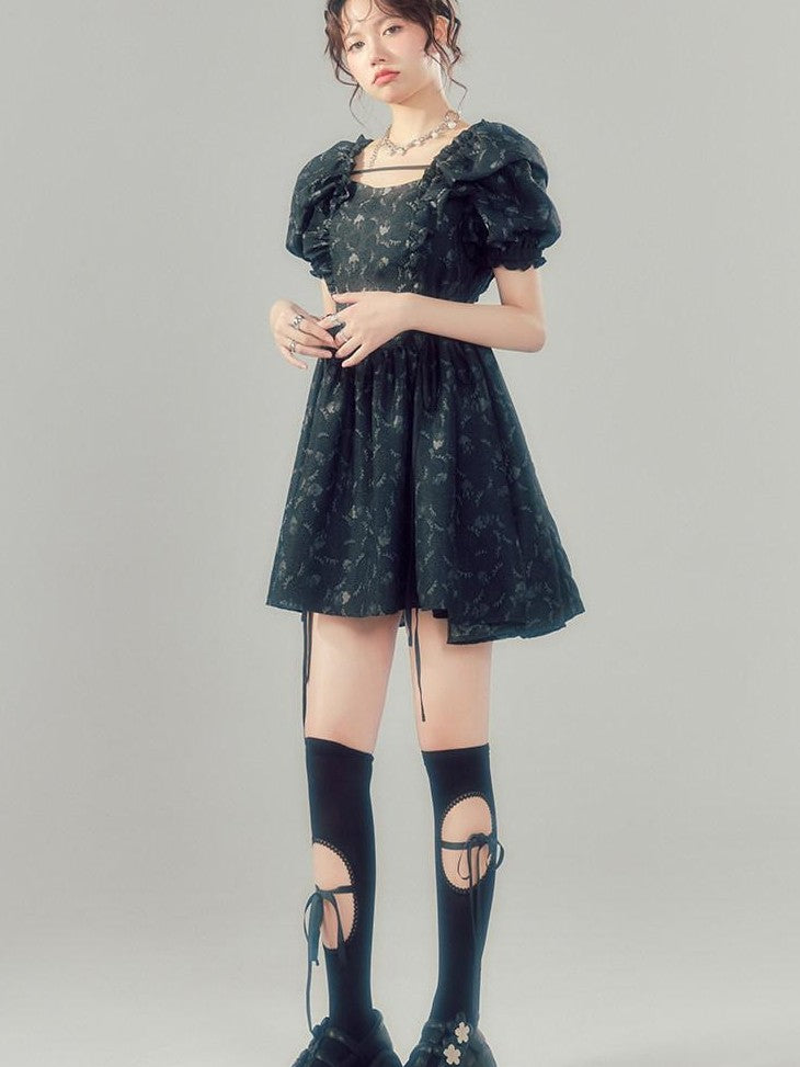 DIDDI MODA Black Puff Sleeve Jacquard Square Neck A Line Women&
