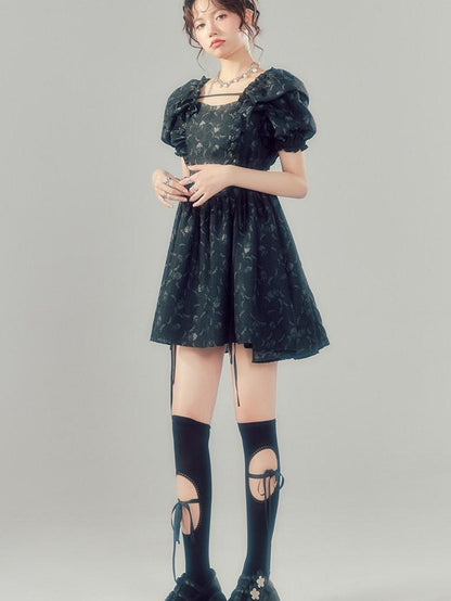 DIDDI MODA Black Puff Sleeve Jacquard Square Neck A Line Women&