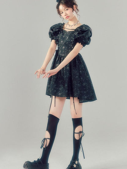 DIDDI MODA Black Puff Sleeve Jacquard Square Neck A Line Women&