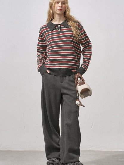 DIDDI MODA Black Red Striped Polo Collar Knit Fit Women&
