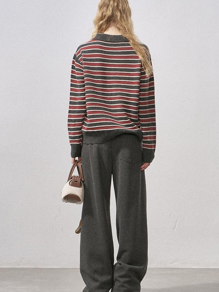 DIDDI MODA Black Red Striped Polo Collar Knit Fit Women&