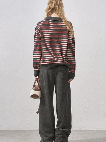 DIDDI MODA Black Red Striped Polo Collar Knit Fit Women&