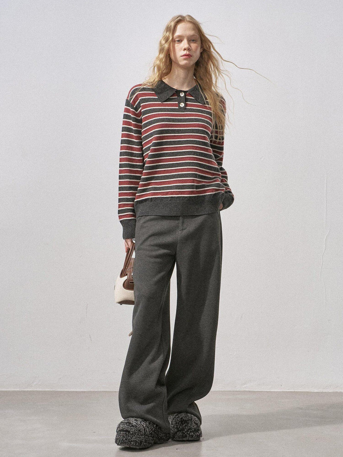 DIDDI MODA Black Red Striped Polo Collar Knit Fit Women&